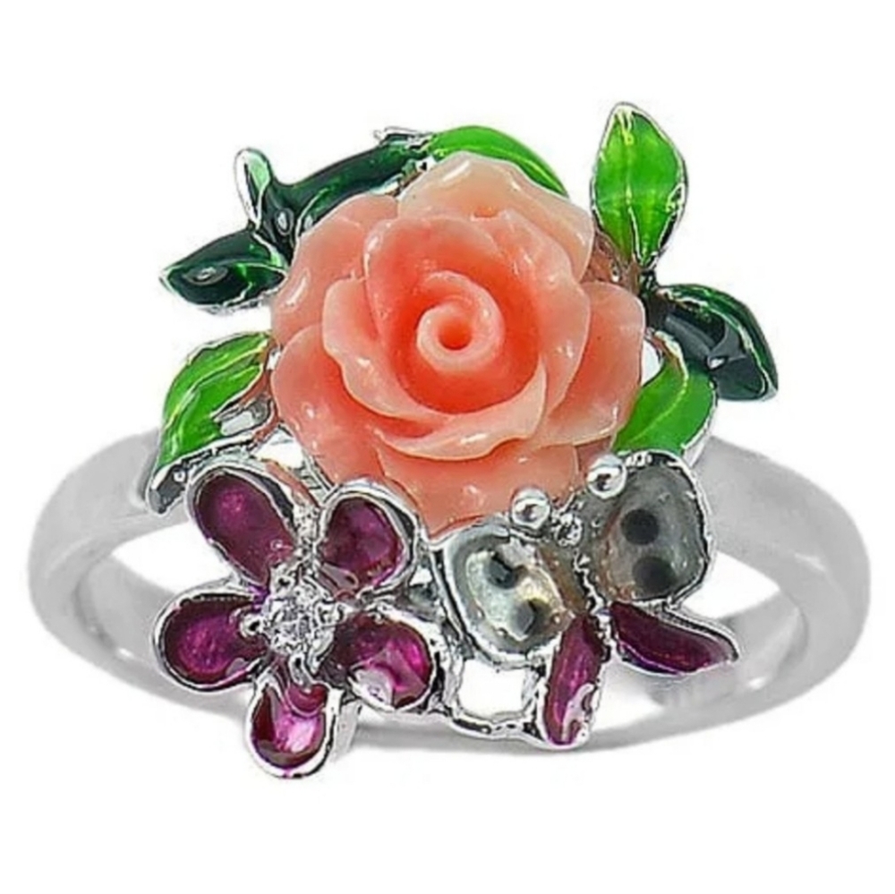 Peach Rose S925 Ring | Orange Resin in Stamped Solid Sterling Silver Size 7